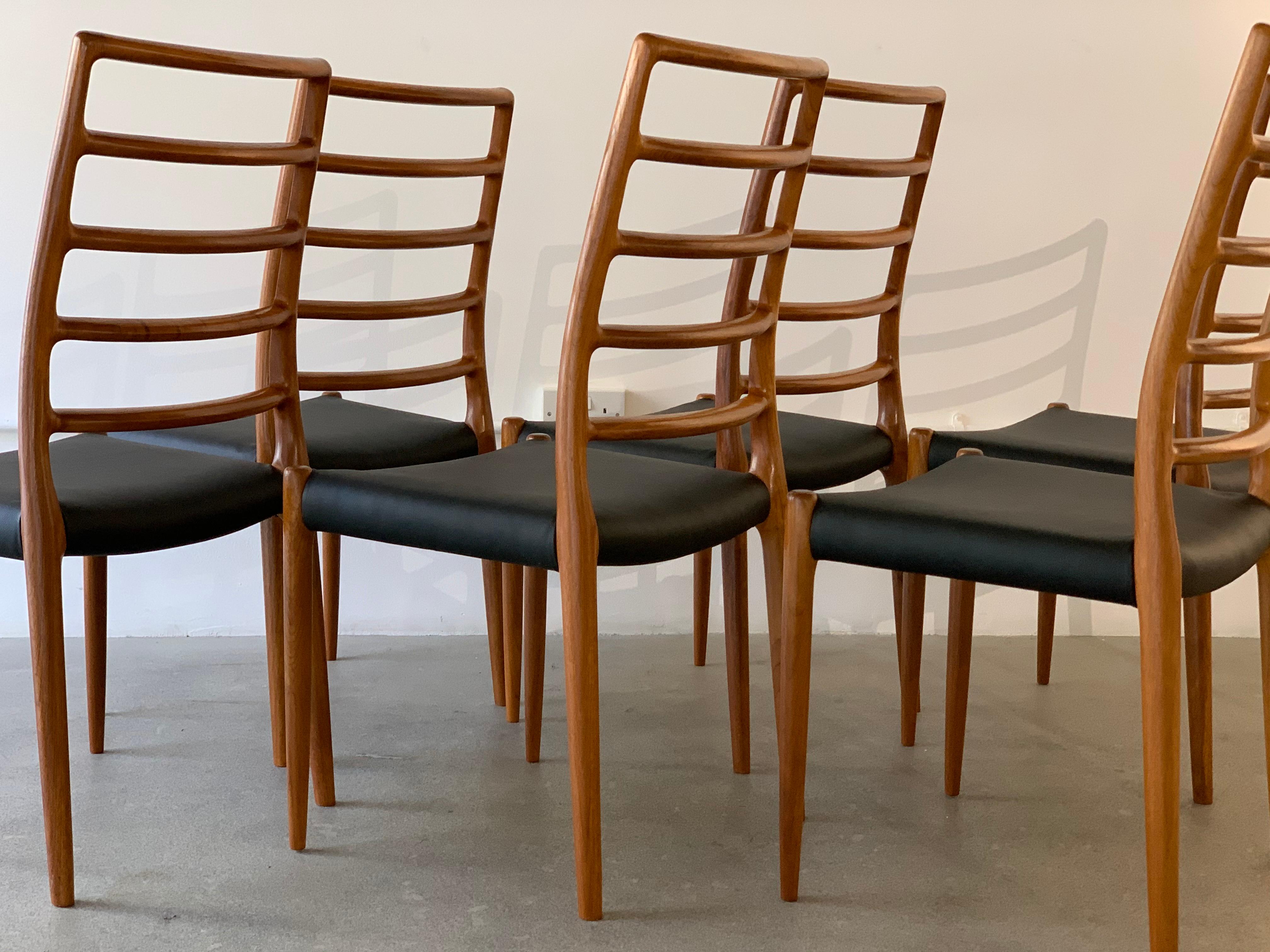 Set of 6 Model 82 Teak and Leather Ladder Back Dining Chairs by Niels O. Møller 4