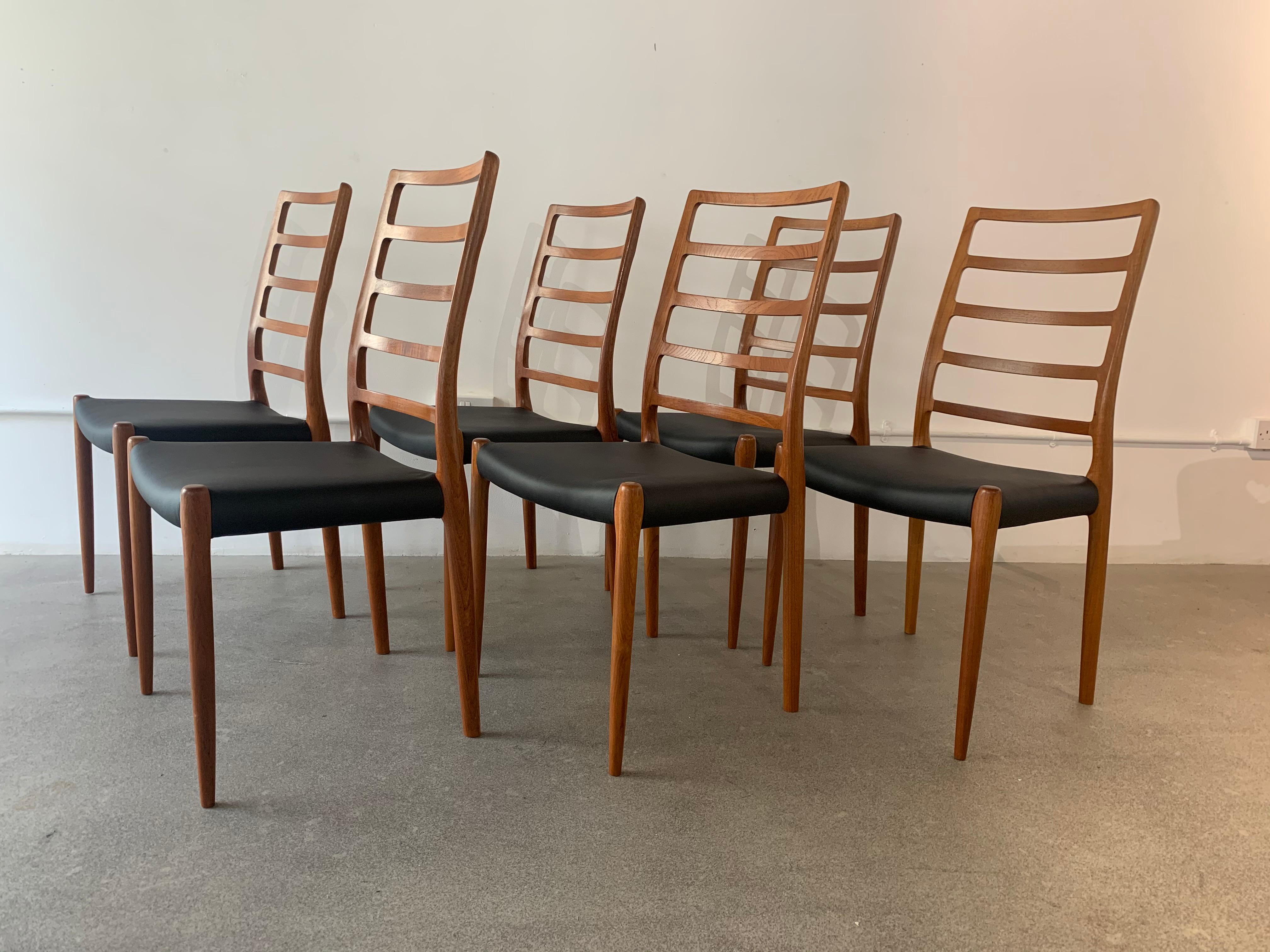 Set of 6 Model 82 Teak and Leather Ladder Back Dining Chairs by Niels O. Møller 1