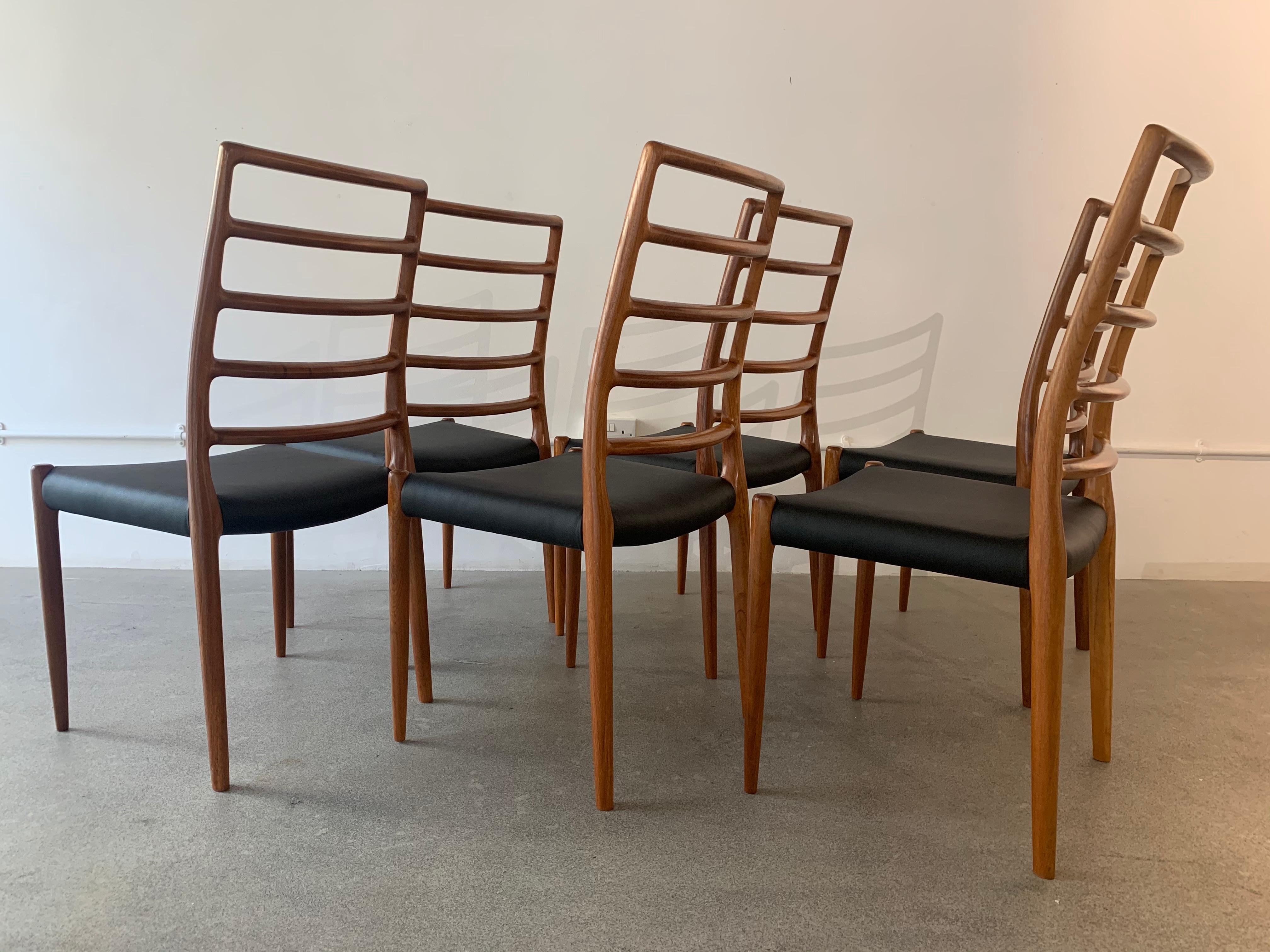 Set of 6 Model 82 Teak and Leather Ladder Back Dining Chairs by Niels O. Møller 2
