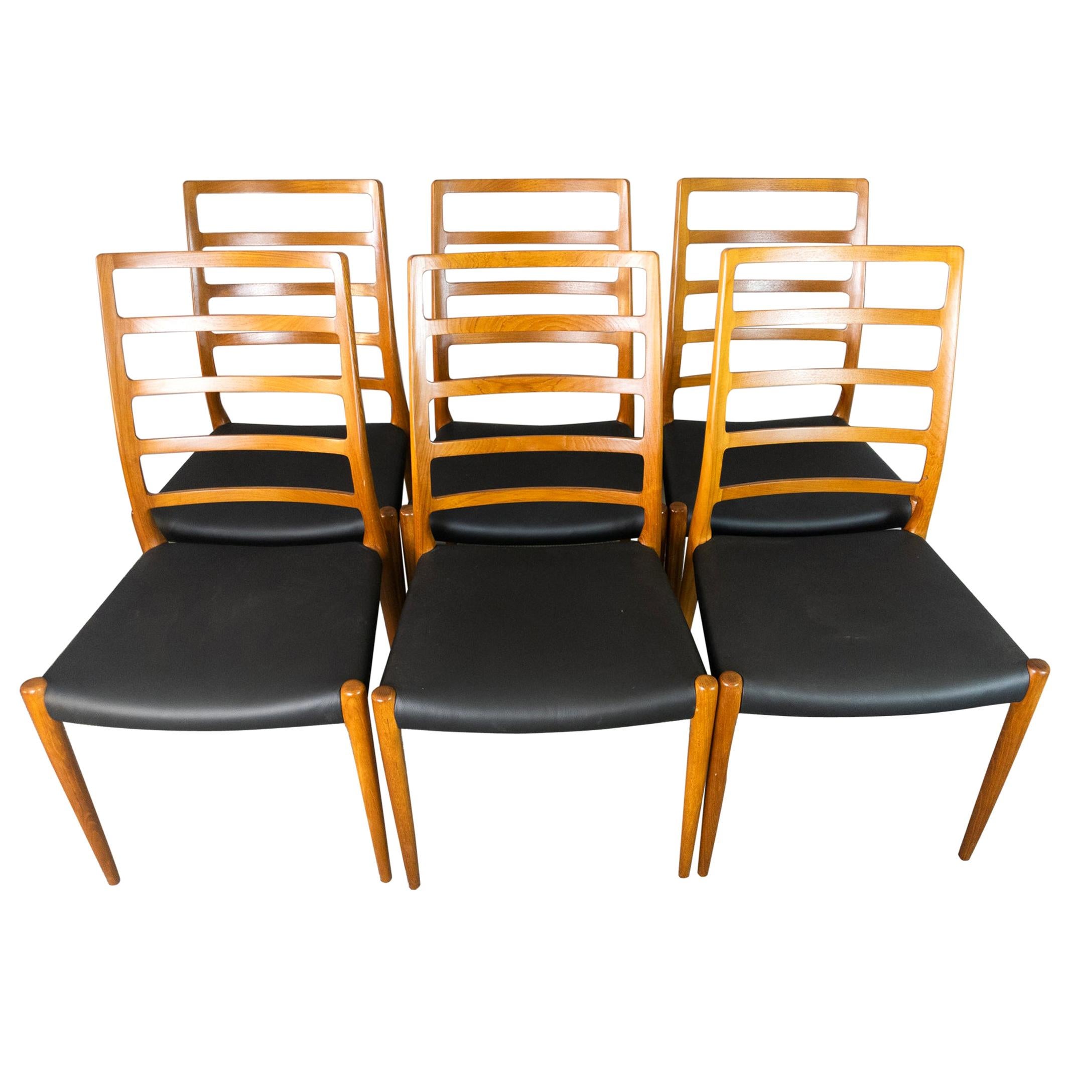 Set of 6 Model 82 Teak and Leather Ladder Back Dining Chairs by Niels O. Møller