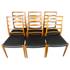 Vintage Set of 6 Model 82 Teak and Leather Ladder Back Dining Chairs by Niels O. Møller