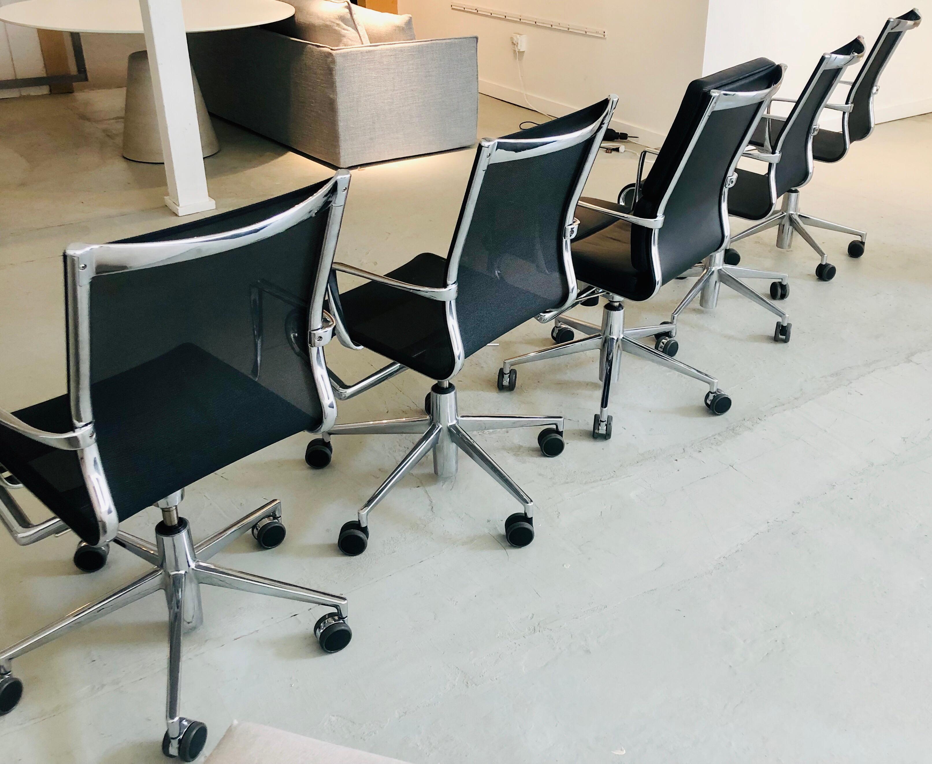 Contemporary Set of 6 Modern Black Office Chairs, Rolling Swivel, Arms, Alberto Meda Alias