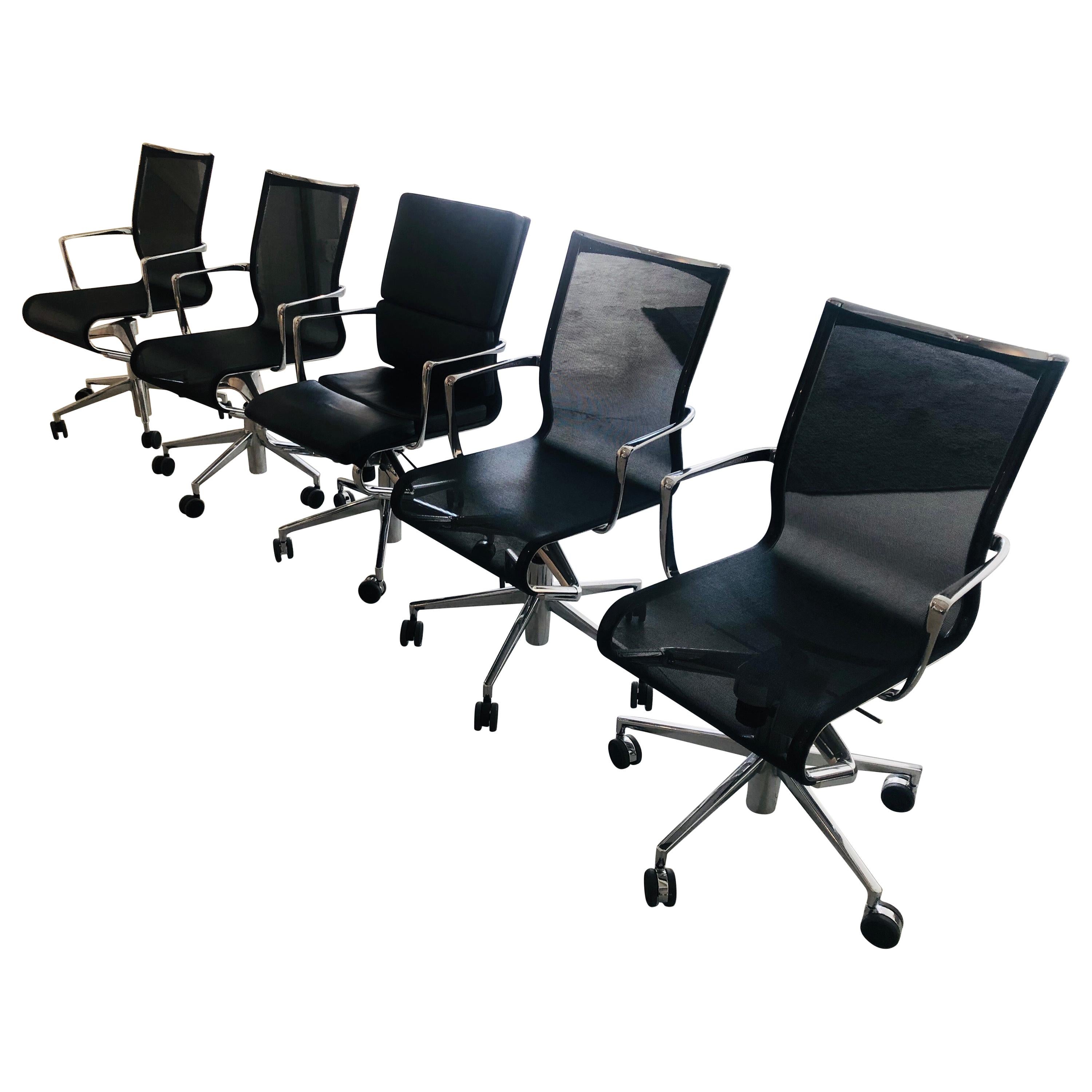 Set of 6 Modern Black Office Chairs, Rolling Swivel, Arms, Alberto Meda Alias
