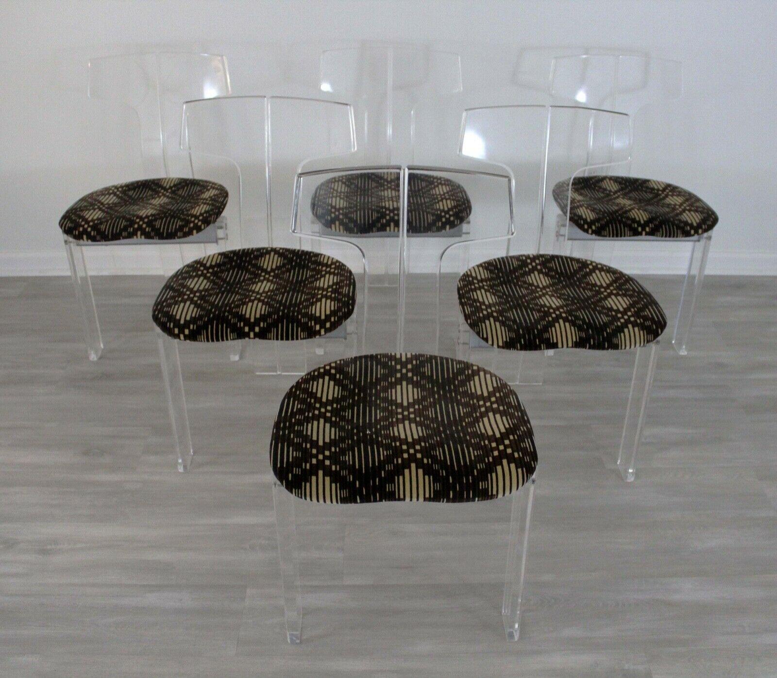 Set of 6 Modern Lucite Side Dining Chairs w Upholstered Seats In Good Condition In Keego Harbor, MI