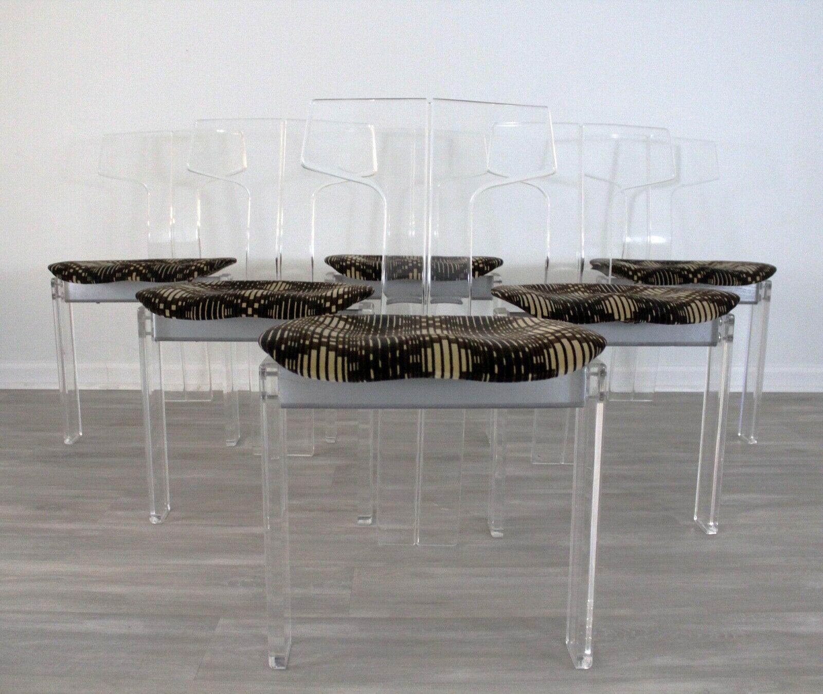 20th Century Set of 6 Modern Lucite Side Dining Chairs w Upholstered Seats