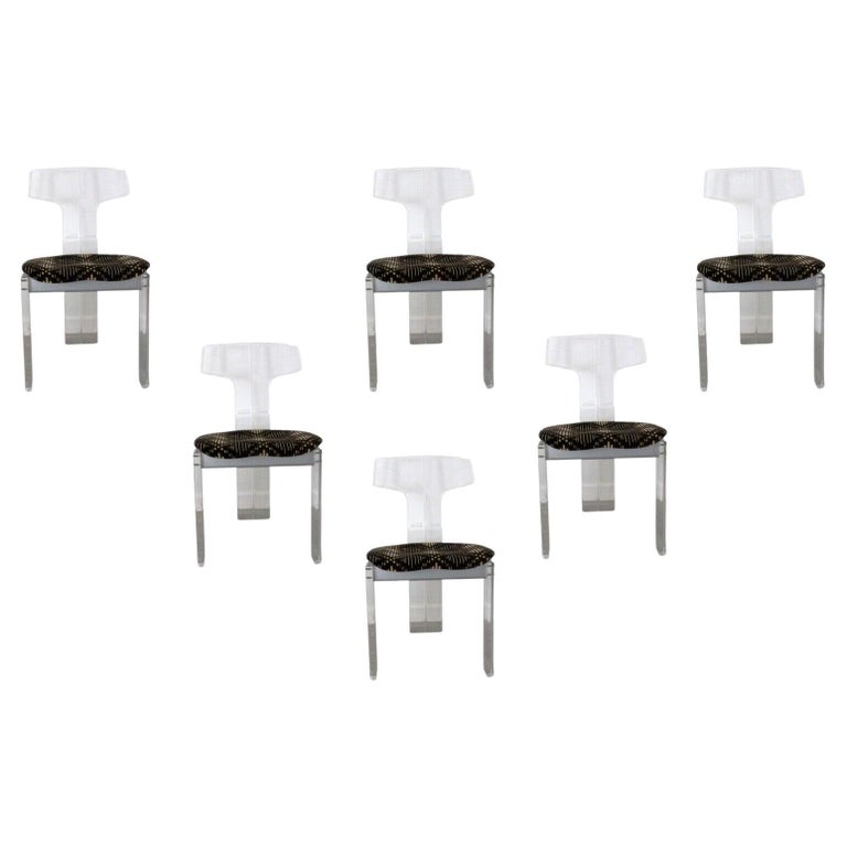 Set of 6 Modern Lucite Side Dining Chairs w Upholstered Seats For Sale