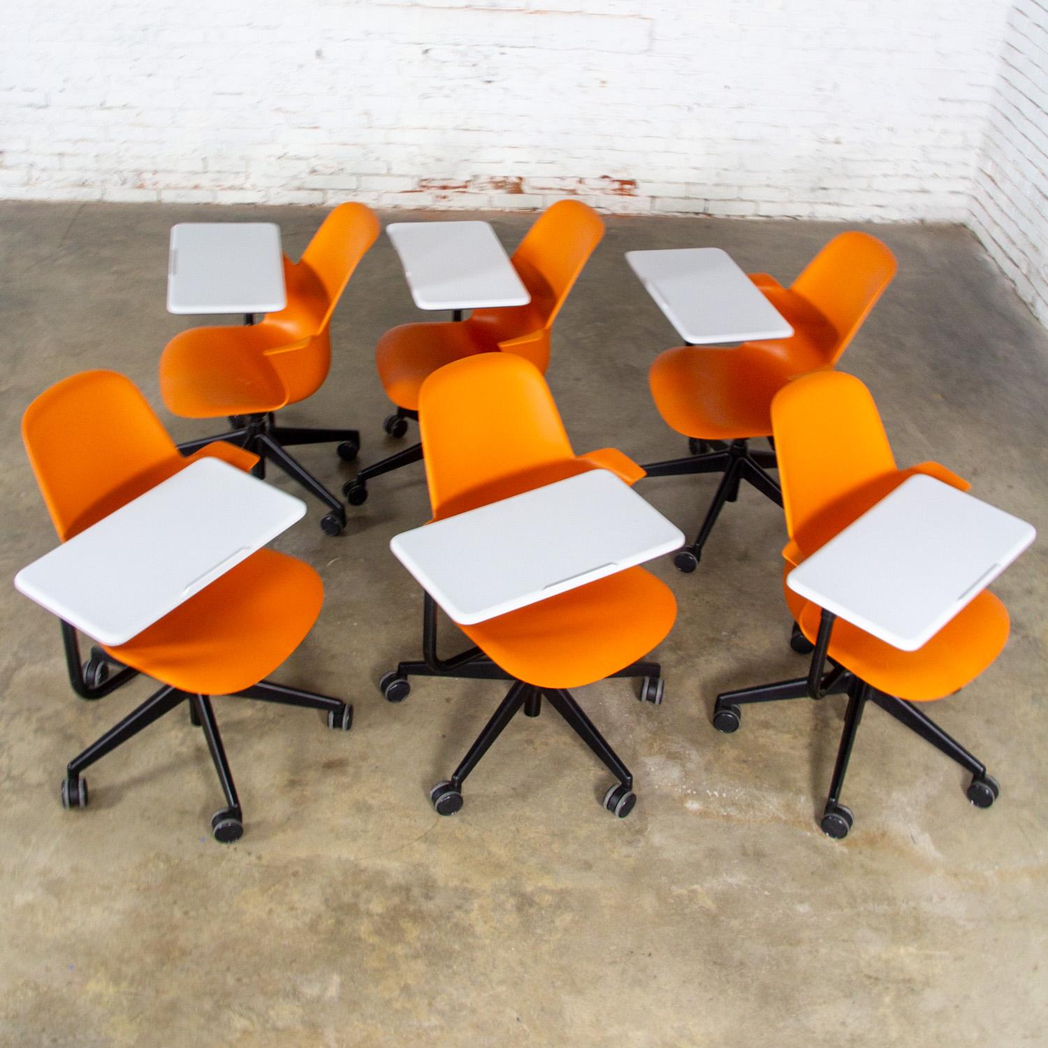 Set of 6 Modern Steelcase Orange Node Task Chairs w/Work Surface & 5 Prong Base For Sale 9