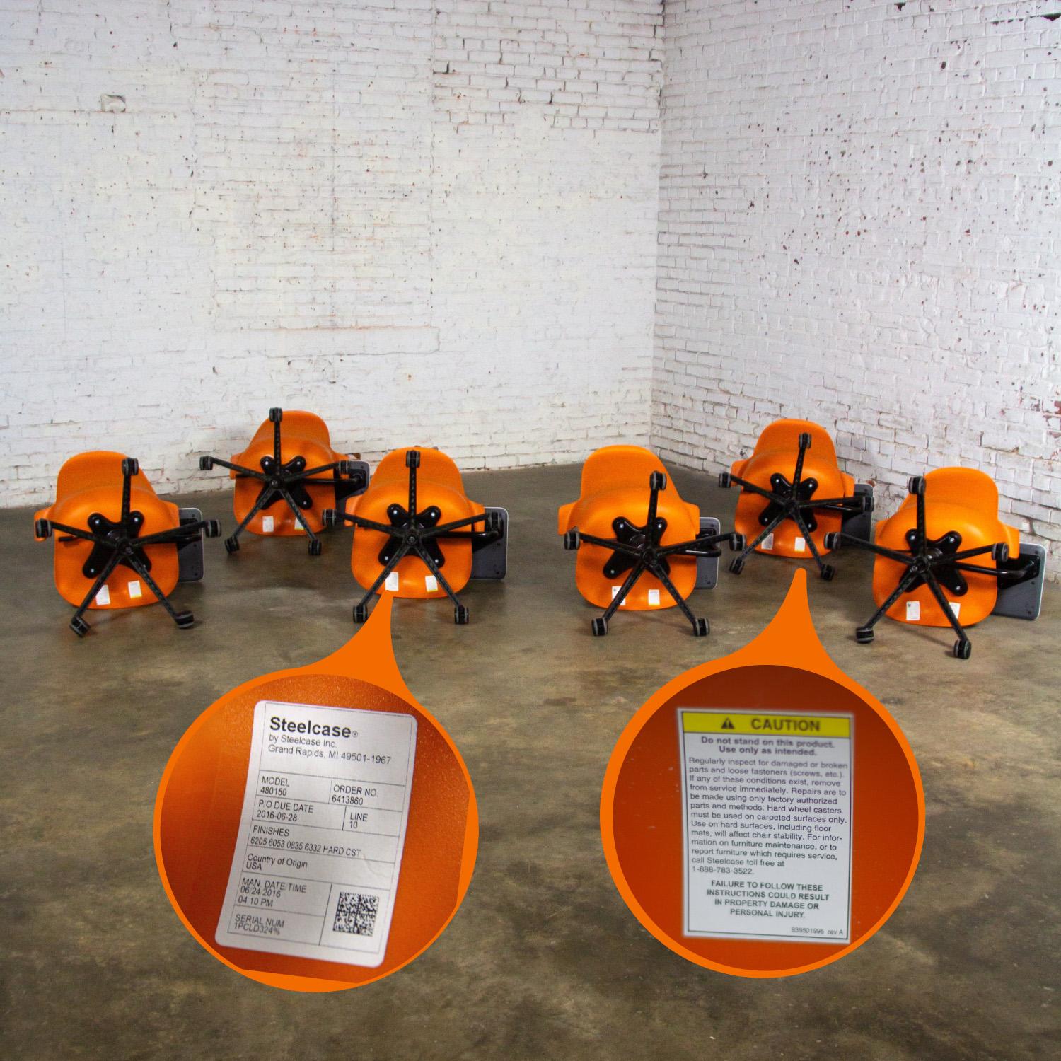 Set of 6 Modern Steelcase Orange Node Task Chairs w/Work Surface & 5 Prong Base For Sale 11