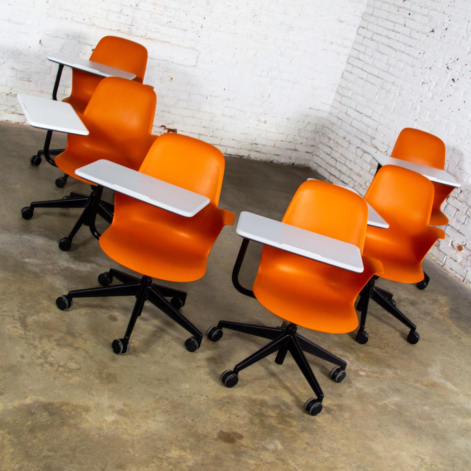 American Set of 6 Modern Steelcase Orange Node Task Chairs w/Work Surface & 5 Prong Base For Sale