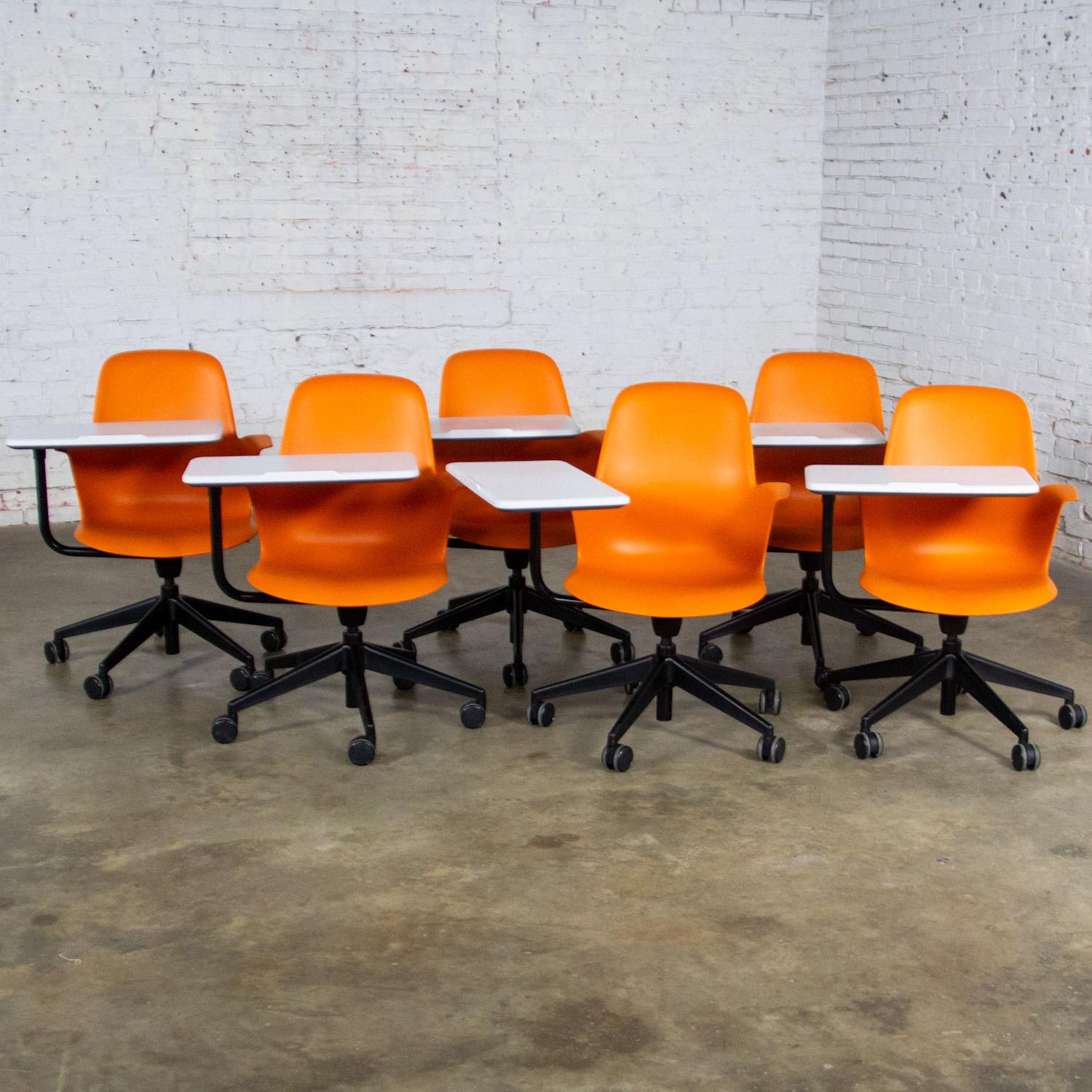 Molded Set of 6 Modern Steelcase Orange Node Task Chairs w/Work Surface & 5 Prong Base For Sale