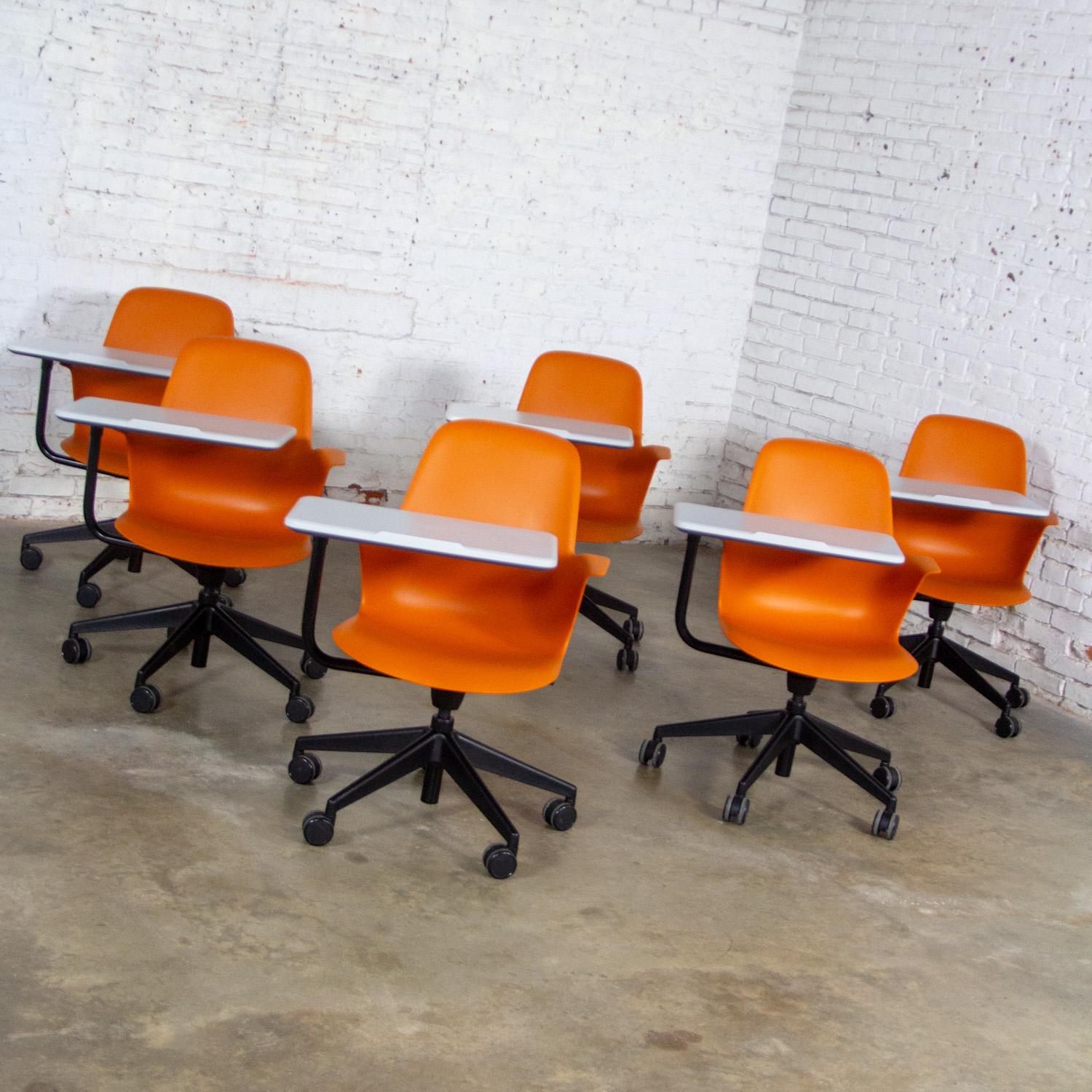Contemporary Set of 6 Modern Steelcase Orange Node Task Chairs w/Work Surface & 5 Prong Base For Sale