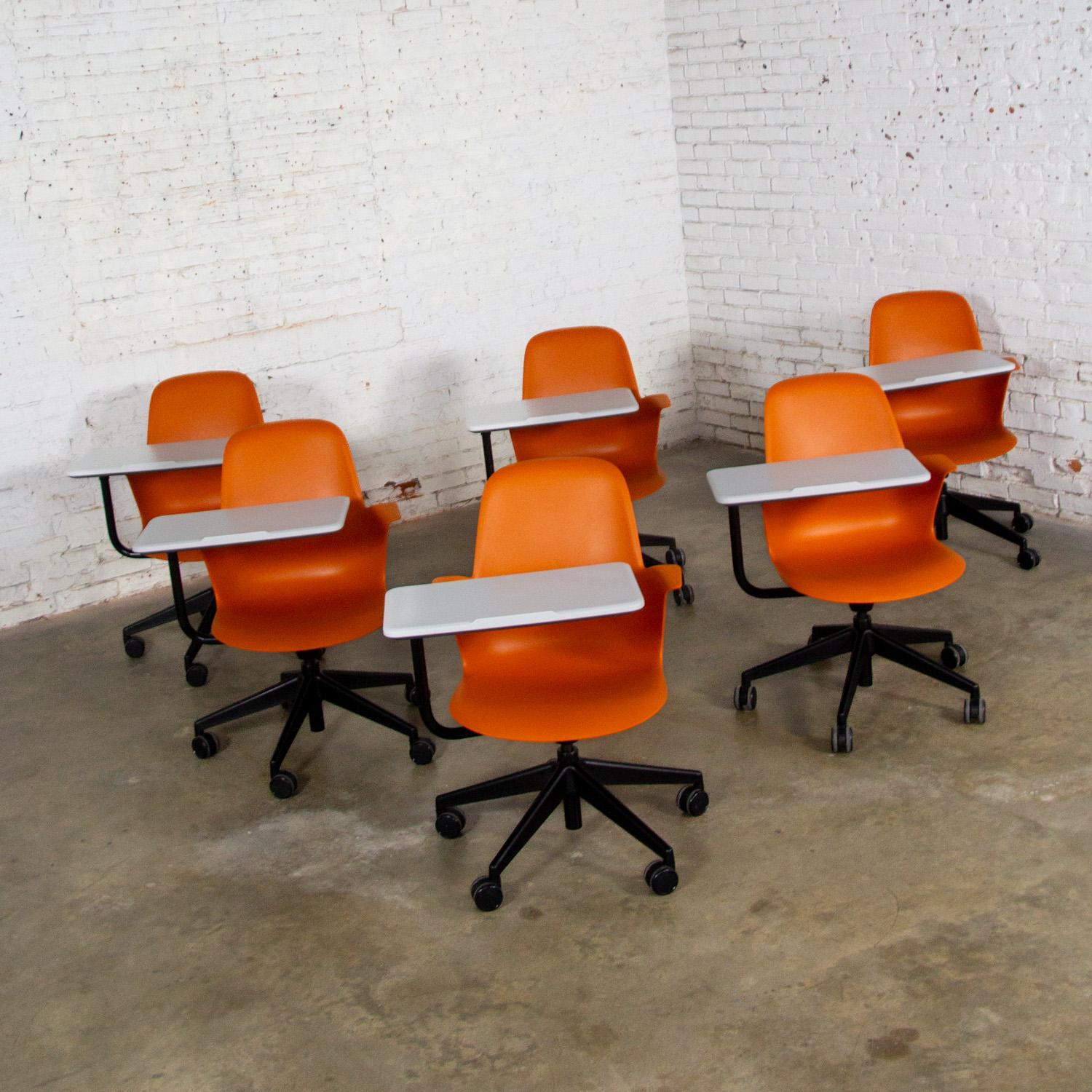 Set of 6 Modern Steelcase Orange Node Task Chairs w/Work Surface & 5 Prong Base For Sale 1