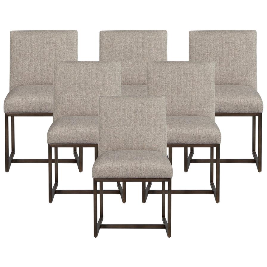 Set of 6 Modern Upholstered Dining Chairs with Brass Accents