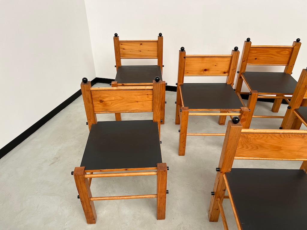  Set of 6 modernist french pine chairs, 1970's For Sale 8