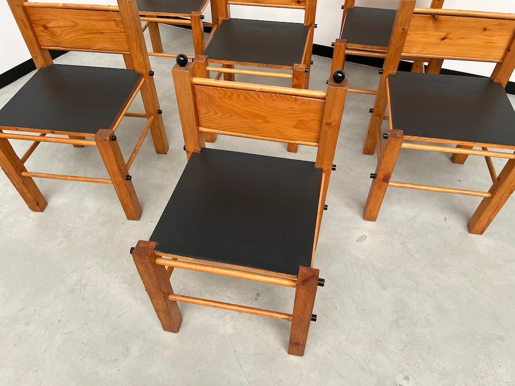 Mid-Century Modern  Set of 6 modernist french pine chairs, 1970's For Sale