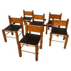 Retro  Set of 6 modernist french pine chairs, 1970's