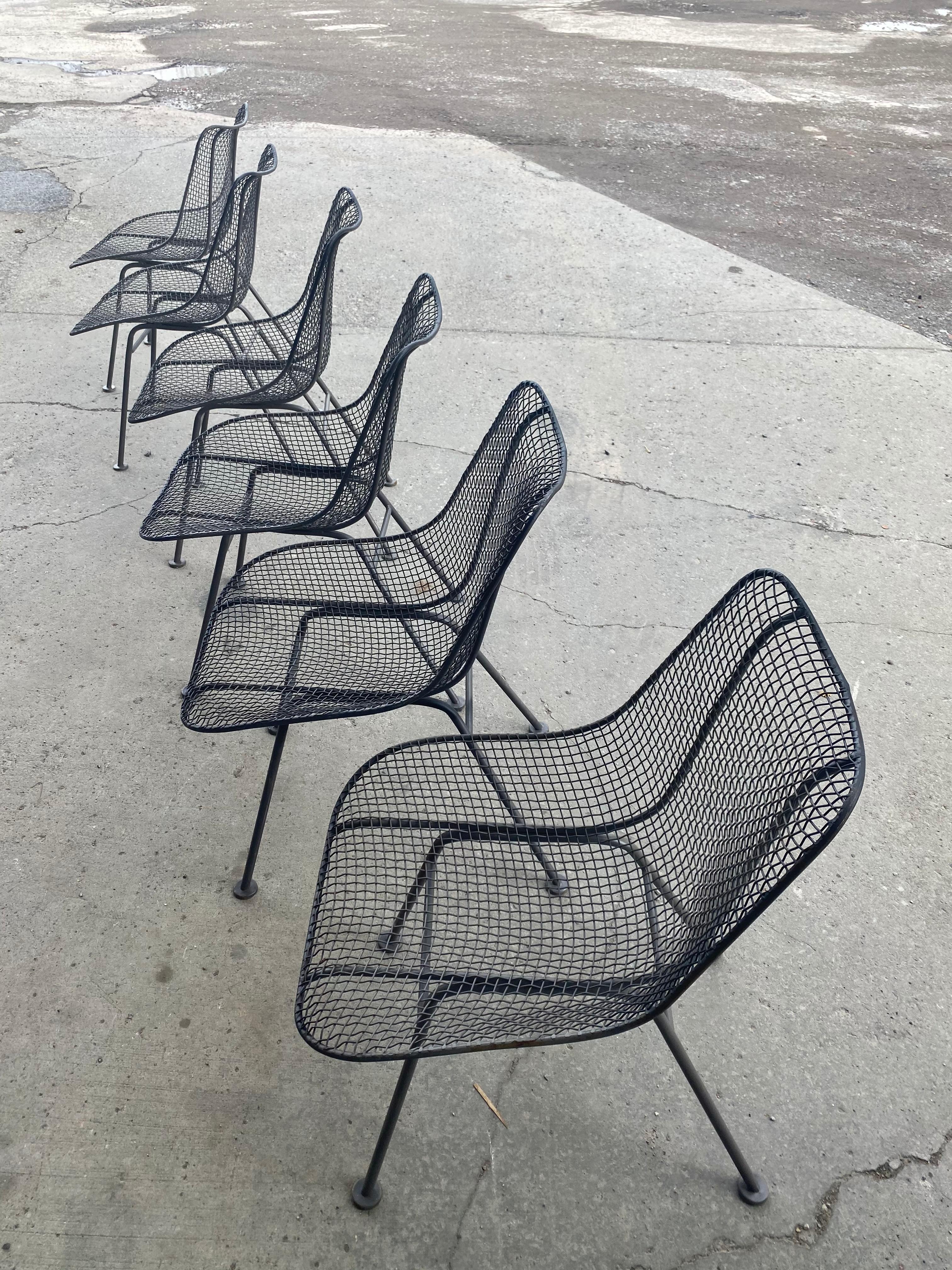 Set of 6 Modernist Russell Woodard sculptura side chairs, outdoor garden, iron mesh and steel. Retain original dark grey finish, amazing original condition, Hand delivery avail to New York City or anywhere en route from Buffalo NY.