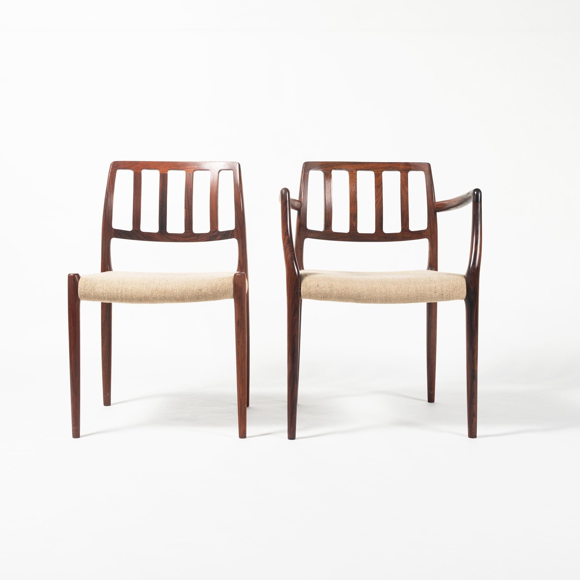 Set of 6 Moller 66 & 83 dining chairs in rosewood and original Kvadrat Oatmeal Wool. Rosewood frame has been refinished and all chairs have original makers mark, circa 1960s.
 