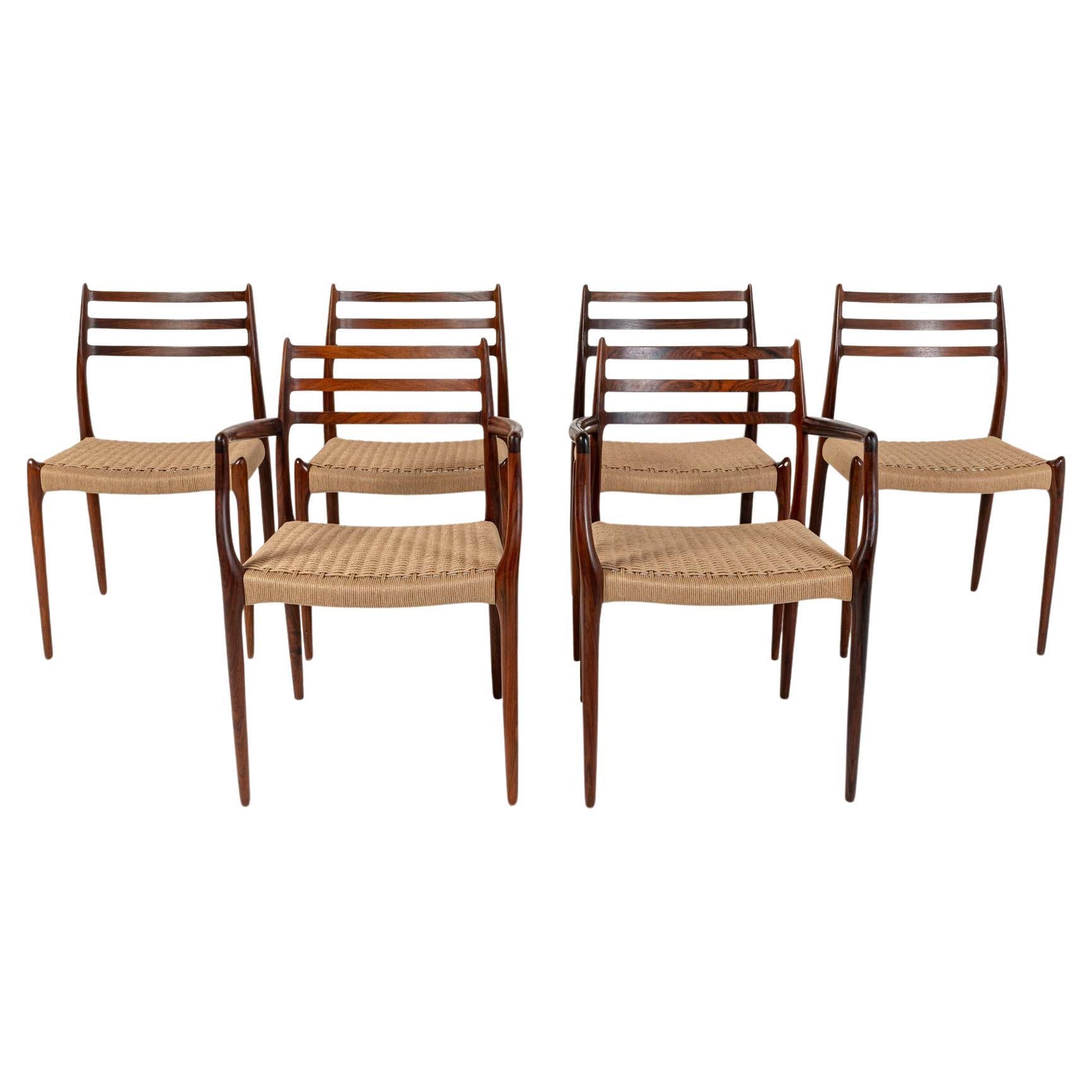 Set of 6 Moller Dining Chairs model 78 and 62 Rosewood & Papercord
