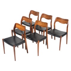 Set of 6 Moller Model 71 Rosewood Dining Chairs in Black Leather