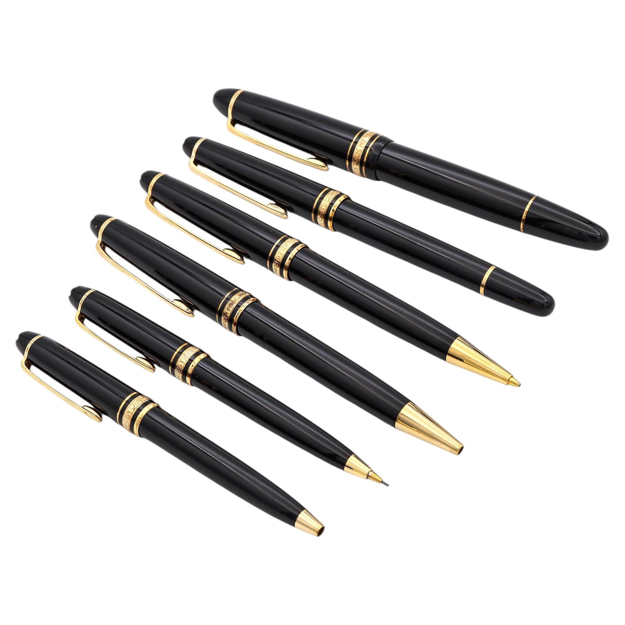 Lot de 6 stylos plume Montblanc Meisterstuck avec étui en cuir
