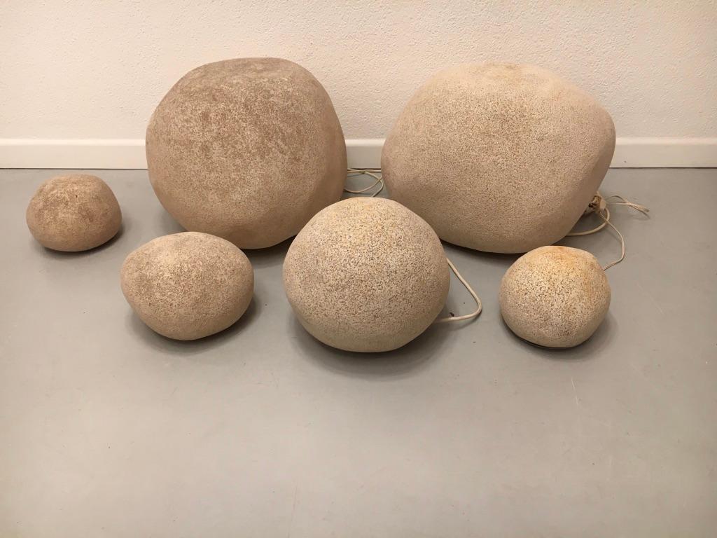 Set of 6 moon or rock lamp by André Cazeanve produced by Atelier A, France, circa 1970
Marble powder projected on a fiberglass structure
Good vintage condition with manufacturer label
Various size from:
2- L 43 x D 36 x H 35 cm
1- L 30 x D 25 x