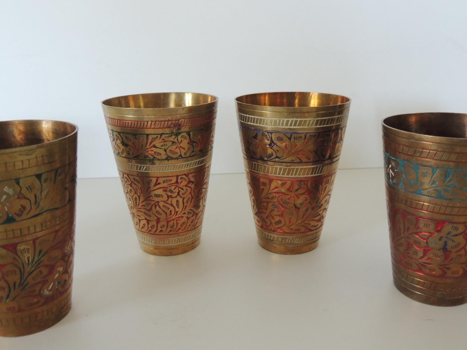 Moorish Set of '6' Moroccan Hand Painted Brass Drinking Cups