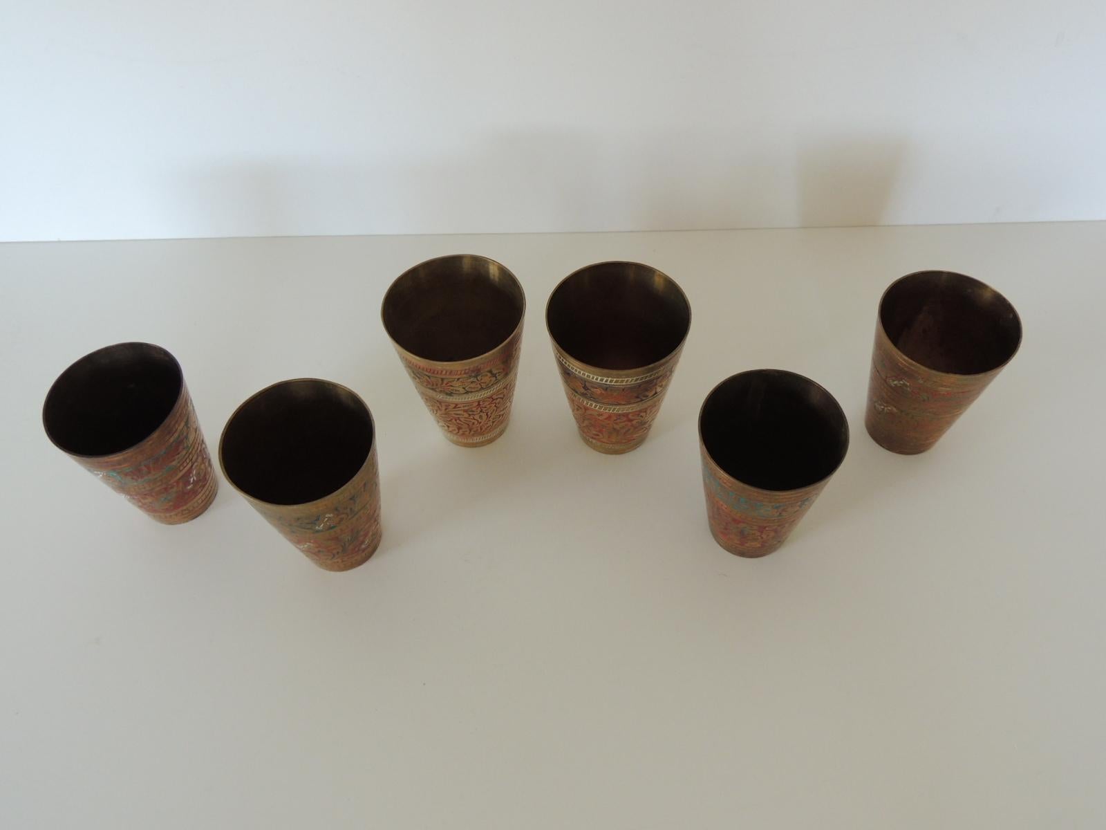 Hand-Crafted Set of '6' Moroccan Hand Painted Brass Drinking Cups