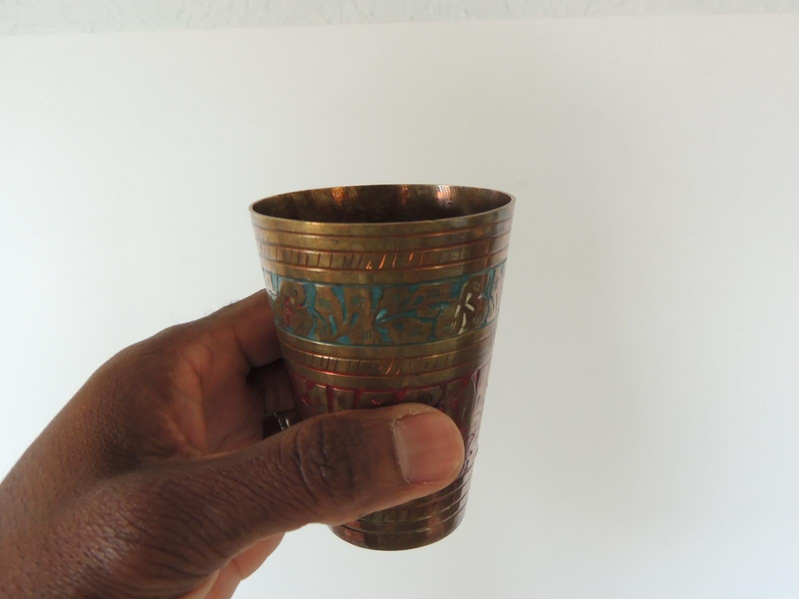 Set of '6' Moroccan Hand Painted Brass Drinking Cups In Good Condition In Oakland Park, FL