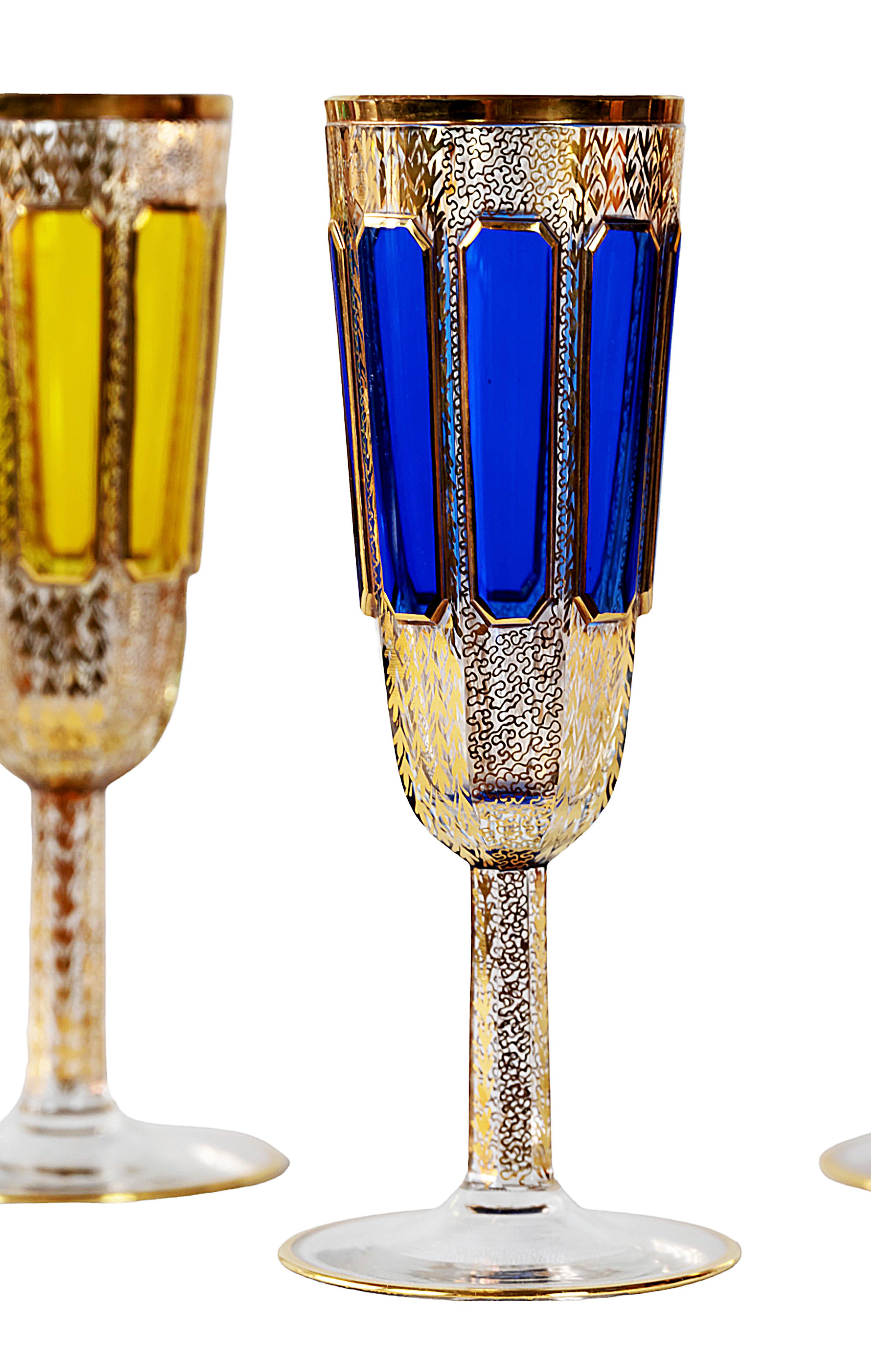 Czech Set of 6 Moser Bohemian Handmade Gilt Glass Champagne Flutes/Glasses