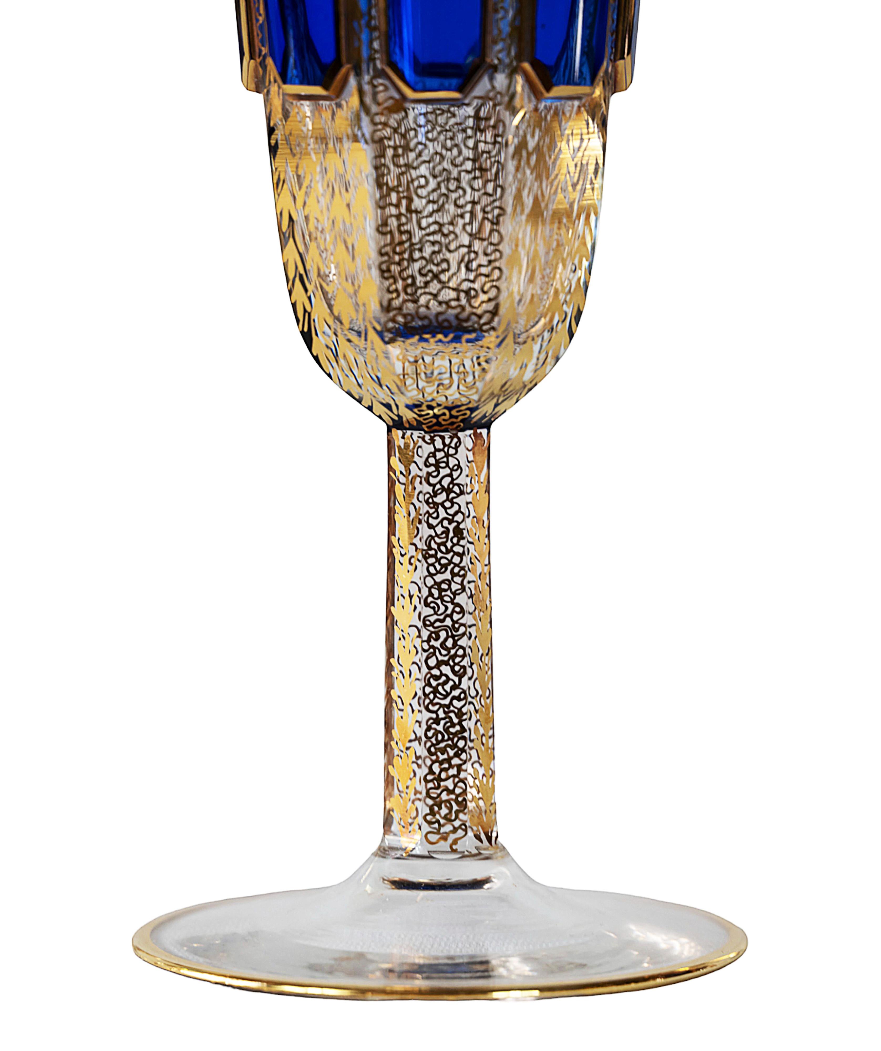 Hand-Crafted Set of 6 Moser Bohemian Handmade Gilt Glass Champagne Flutes/Glasses
