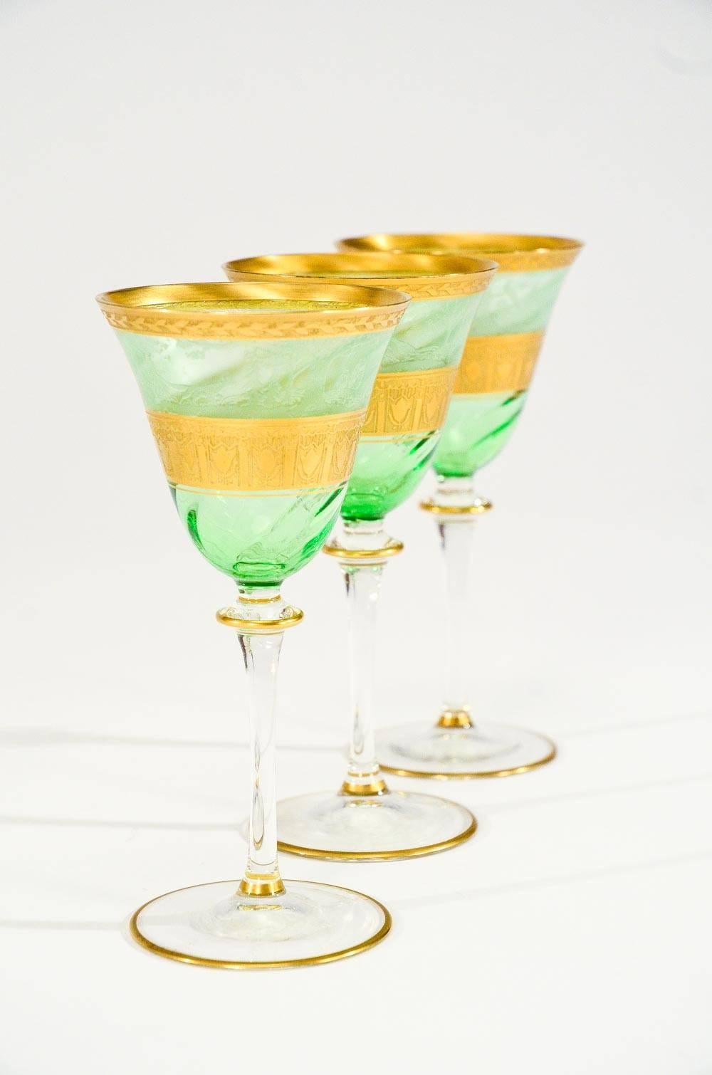 Czech Set of 6 Moser Hand Blown Green Dessert Wine Goblets w/ Acid Etched Gold For Sale