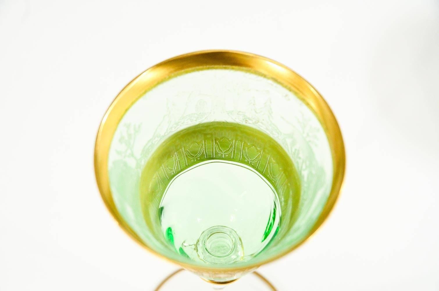 20th Century Set of 6 Moser Hand Blown Green Dessert Wine Goblets w/ Acid Etched Gold For Sale