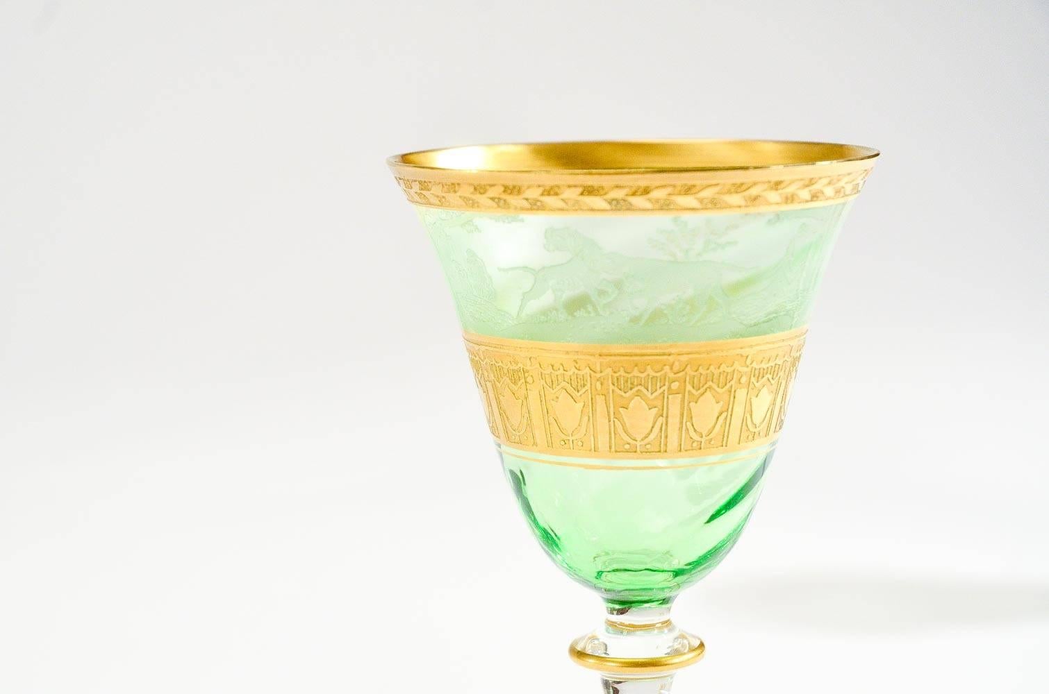 Crystal Set of 6 Moser Hand Blown Green Dessert Wine Goblets w/ Acid Etched Gold For Sale