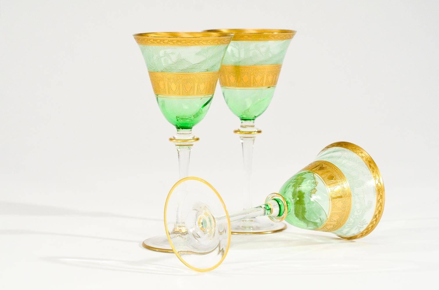 Set of 6 Moser Hand Blown Green Dessert Wine Goblets w/ Acid Etched Gold For Sale 1