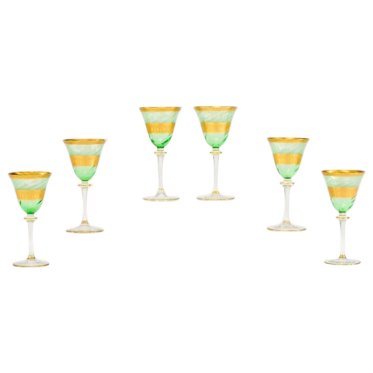 Set of 6 Moser Hand Blown Green Dessert Wine Goblets w/ Acid Etched Gold
