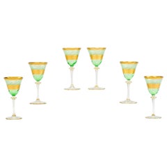 Set of 6 Moser Hand Blown Green Dessert Wine Goblets w/ Acid Etched Gold