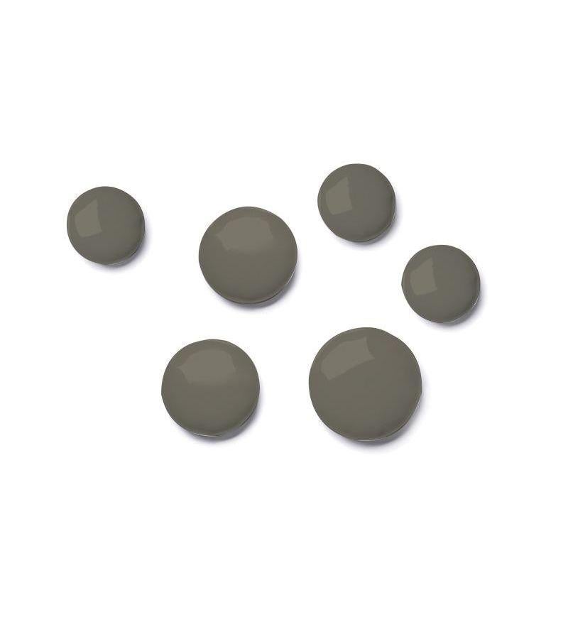 Set of 6 Moss grey pin wall decor by Zieta
Dimensions: Diameter 10, 12, 14 cm 
Material: Stainless steel. 
Finish: Polished.
Available powder-coated in colors: Beige grey, graphite, grey blue, stainless steel, moss green, umbra grey, water blue, and