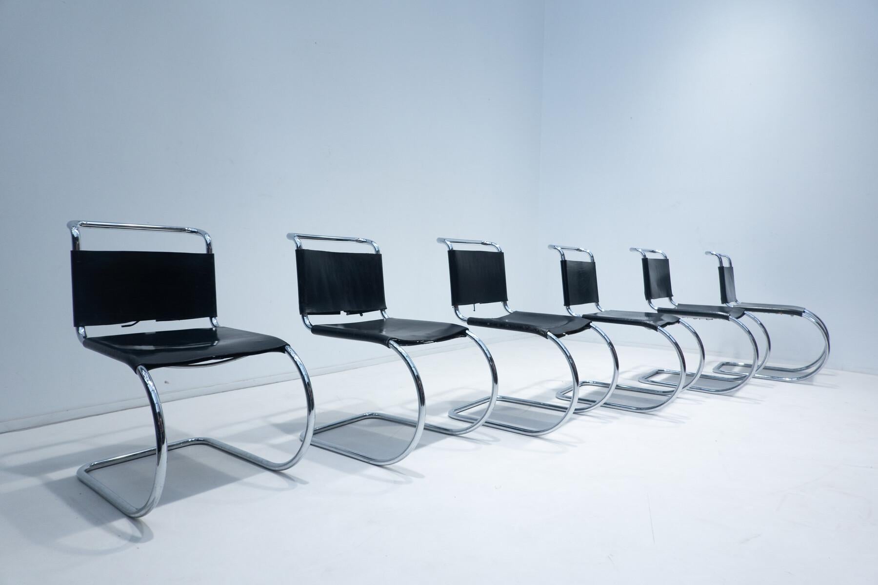 Set of 6 MR10 Chairs by Mies van der Rohe, Knoll International, Black Leather.