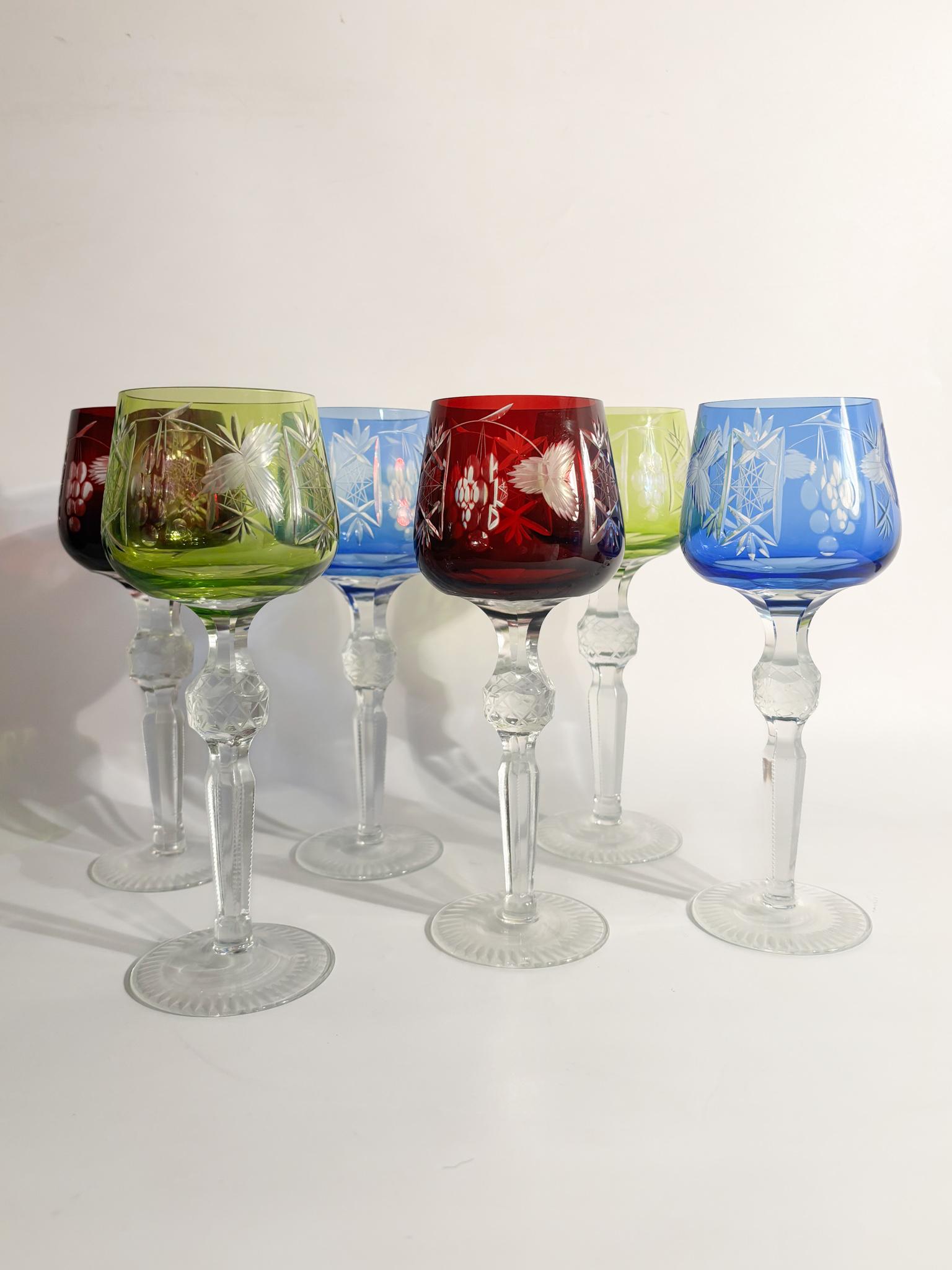 Set of six Bohemian crystal goblets made in the 1970s

Ø cm 8 h cm 21

The Bohemian crystal is a decorative glass produced since the 18th century in Bohemia. This land is famous for the production of colored glass objects thanks to the abundant