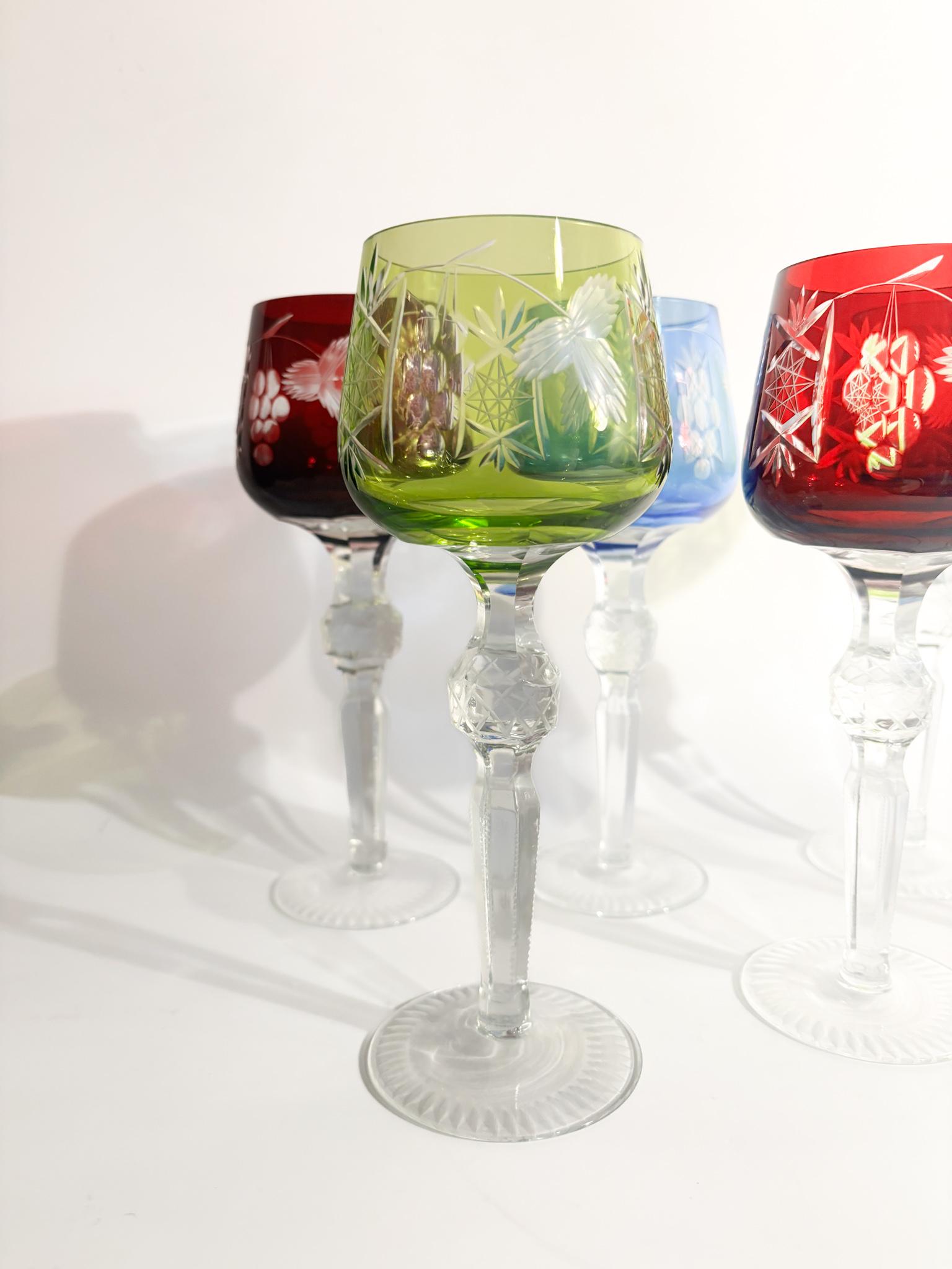 Mid-Century Modern Set of 6 Multicolored Bohemian Crystal Glasses from the 70s
