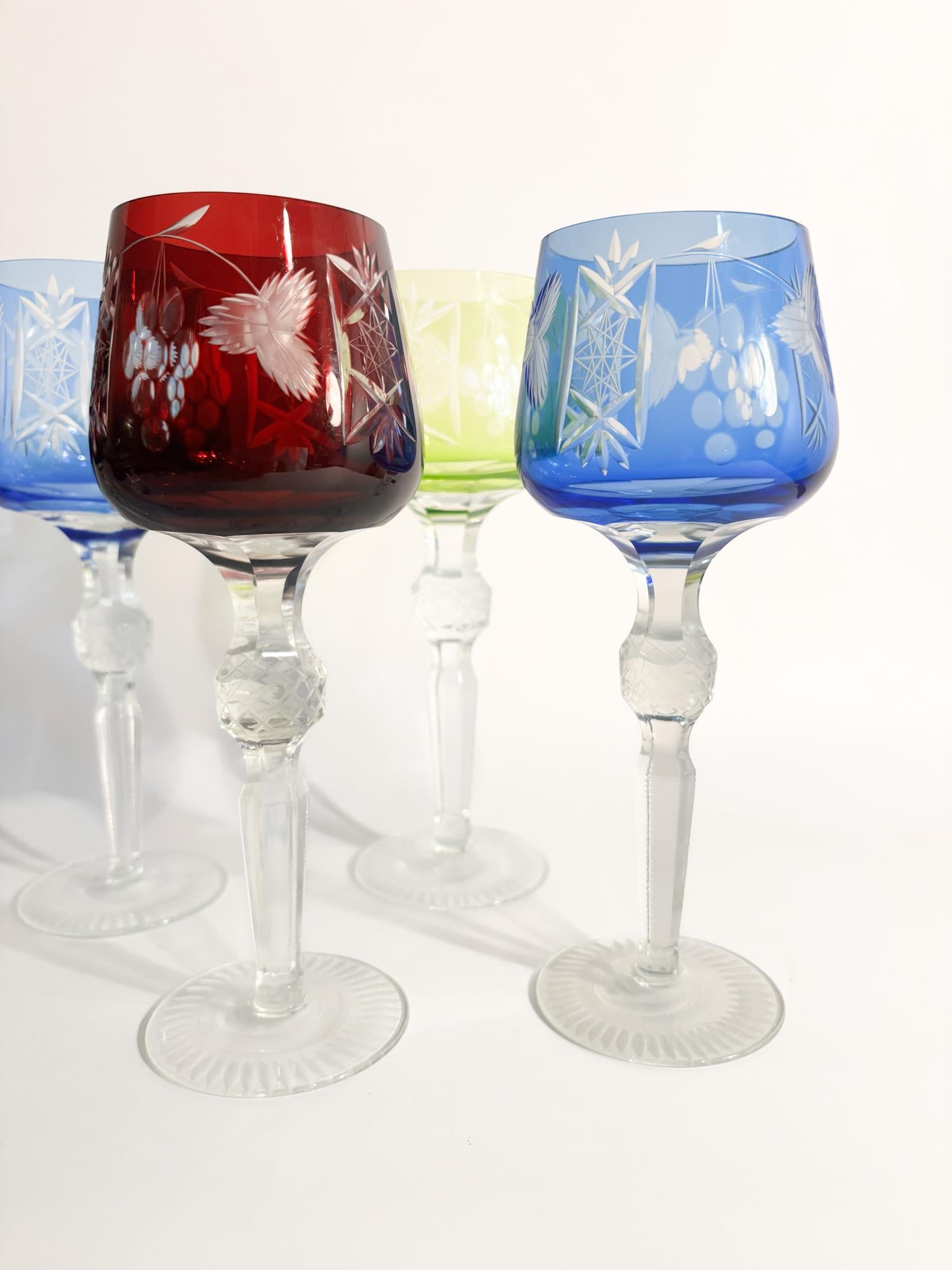 Czech Set of 6 Multicolored Bohemian Crystal Glasses from the 70s