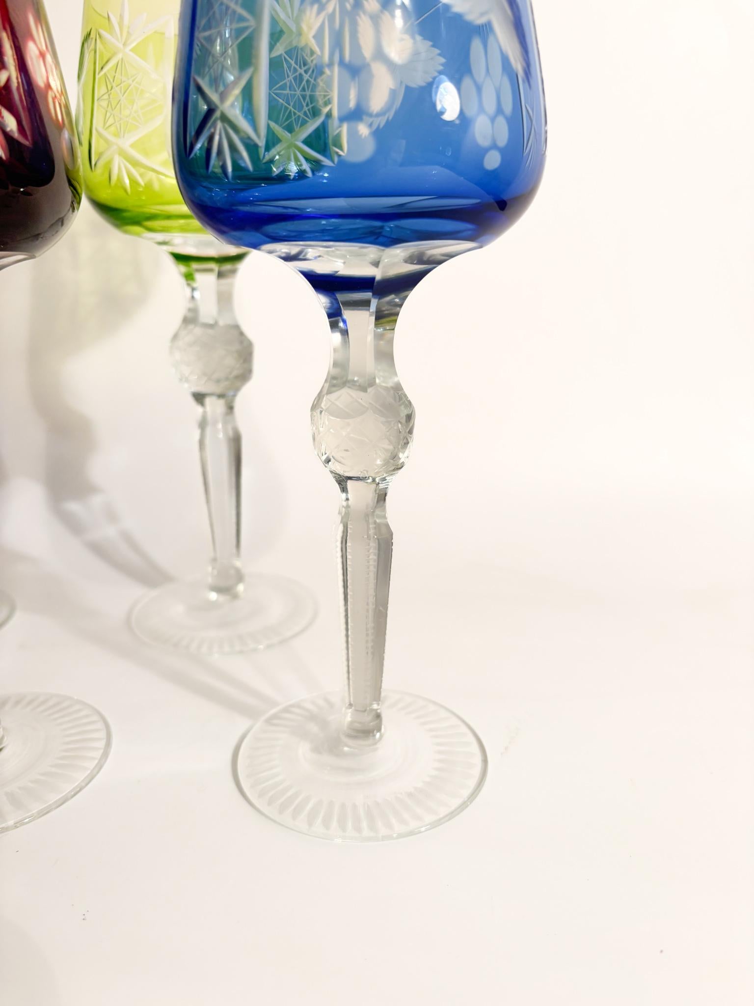 Set of 6 Multicolored Bohemian Crystal Glasses from the 70s 1