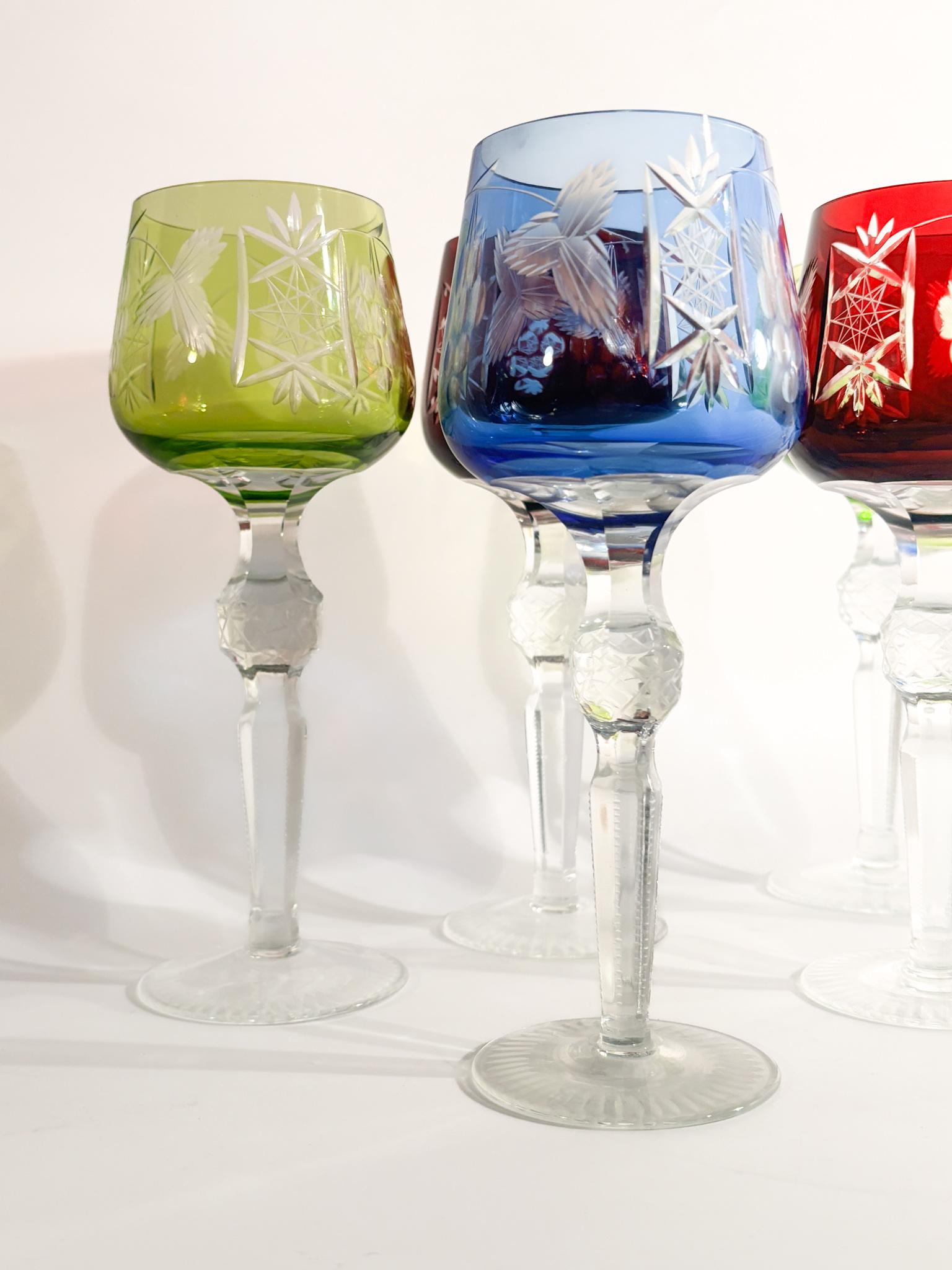 Set of 6 Multicolored Bohemian Crystal Glasses from the 70s 2