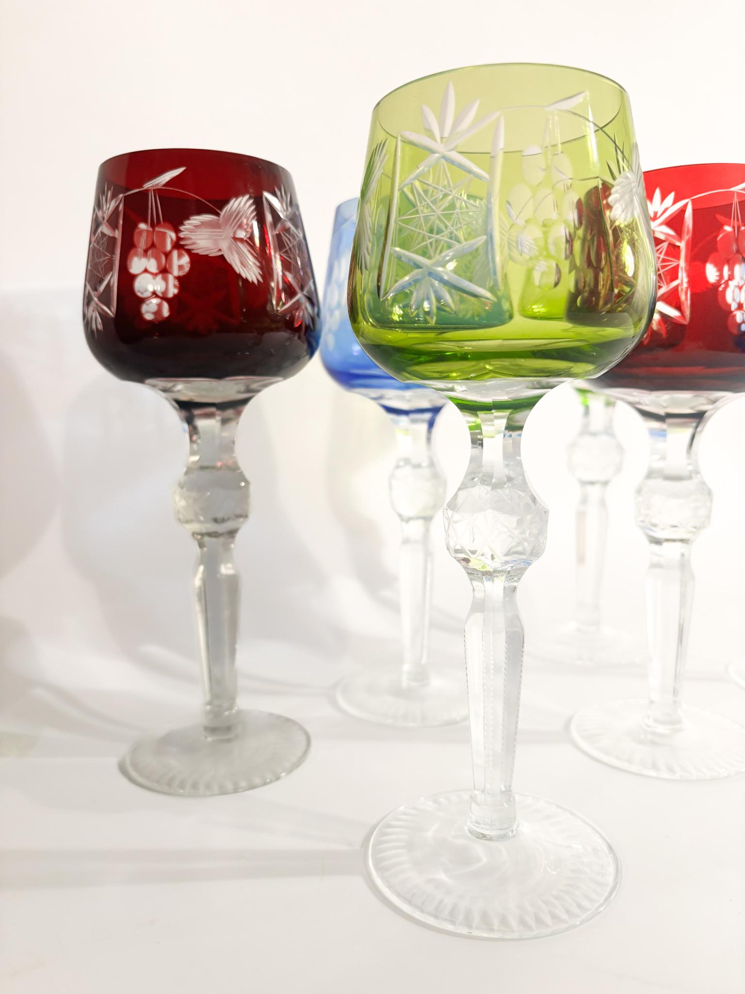 Set of 6 Multicolored Bohemian Crystal Glasses from the 70s 3