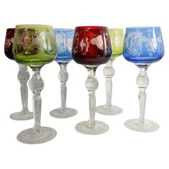 Set of 6 Multicolored Bohemian Crystal Glasses from the 70s