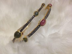 Set of 6 multicolored Natural Tourmaline real diamonds oxidized silver bracelets