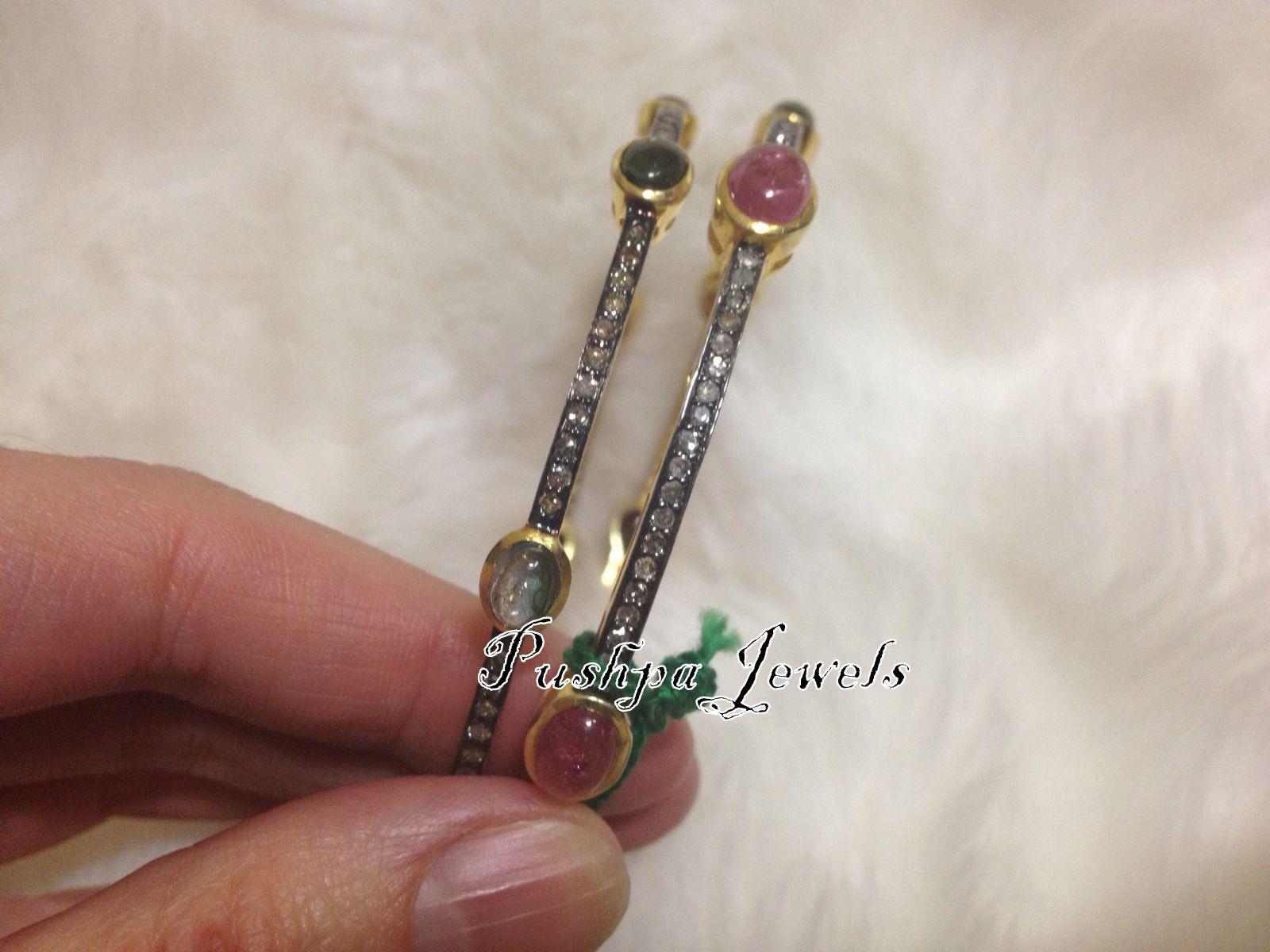 Art Nouveau Set of 6 multicolored Natural Tourmaline real diamonds oxidized silver bracelets For Sale
