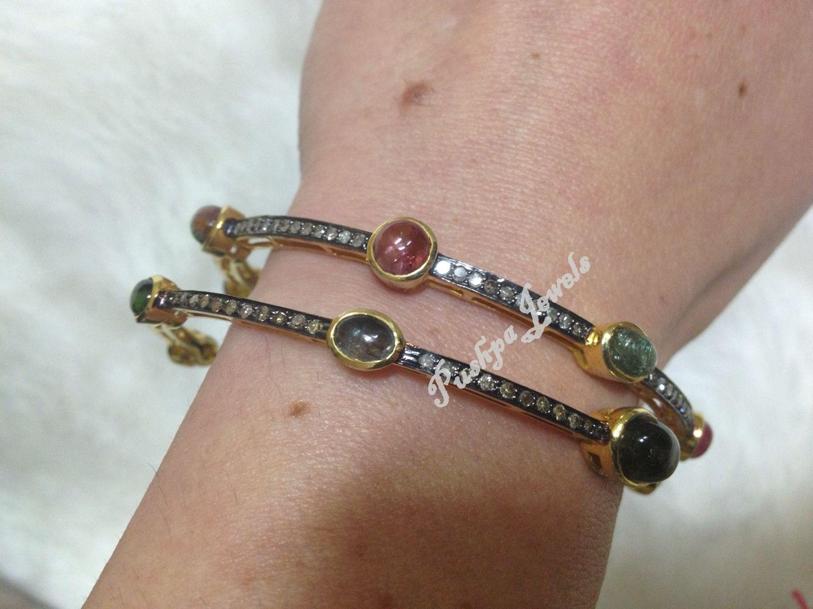 Mixed Cut Set of 6 multicolored Natural Tourmaline real diamonds oxidized silver bracelets For Sale