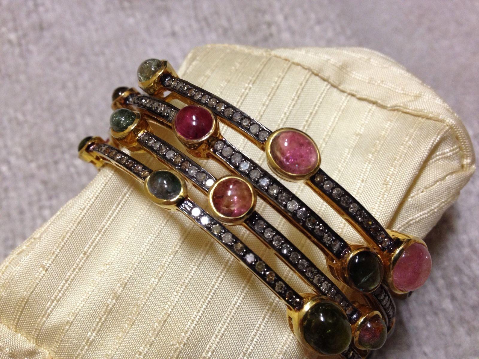 Set of 6 multicolored Natural Tourmaline real diamonds oxidized silver bracelets In New Condition For Sale In Delhi, DL